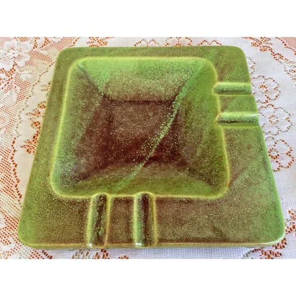 Vintage Mcm 1960s Green & Brown Glazed Ceramic Ashtray - Picture 5 of 9